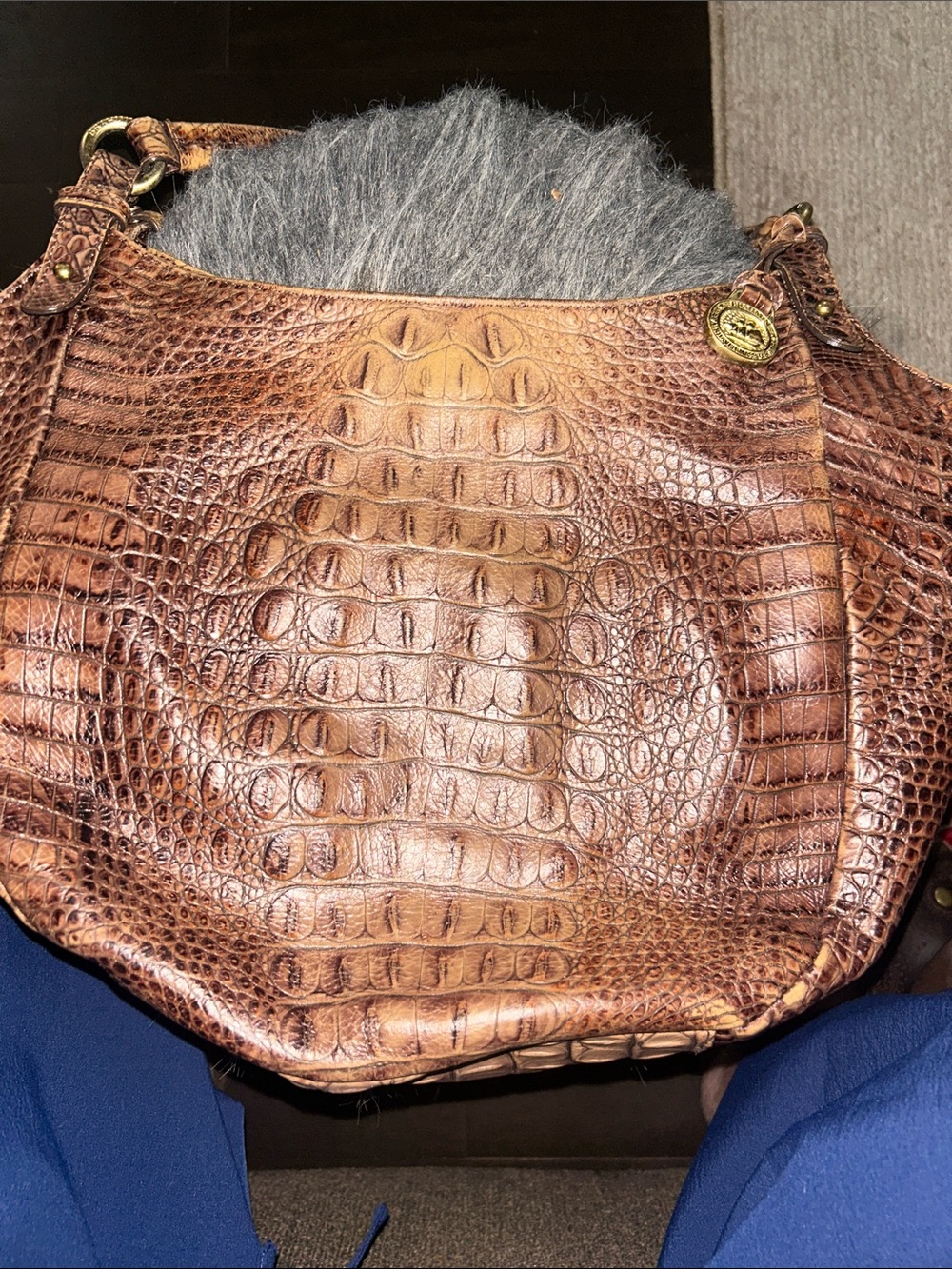 Brahmin Tan Brown Croc-Embossed Hobo Bag with Gold Hardware